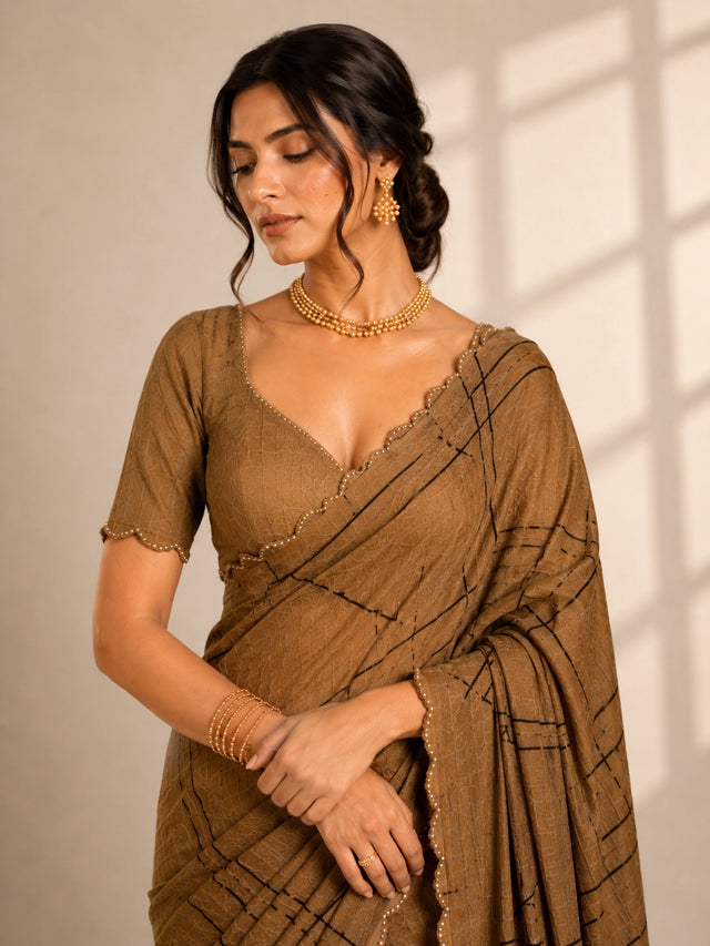 Elegant Brown  Saree with Geometric Print and Embellished Border