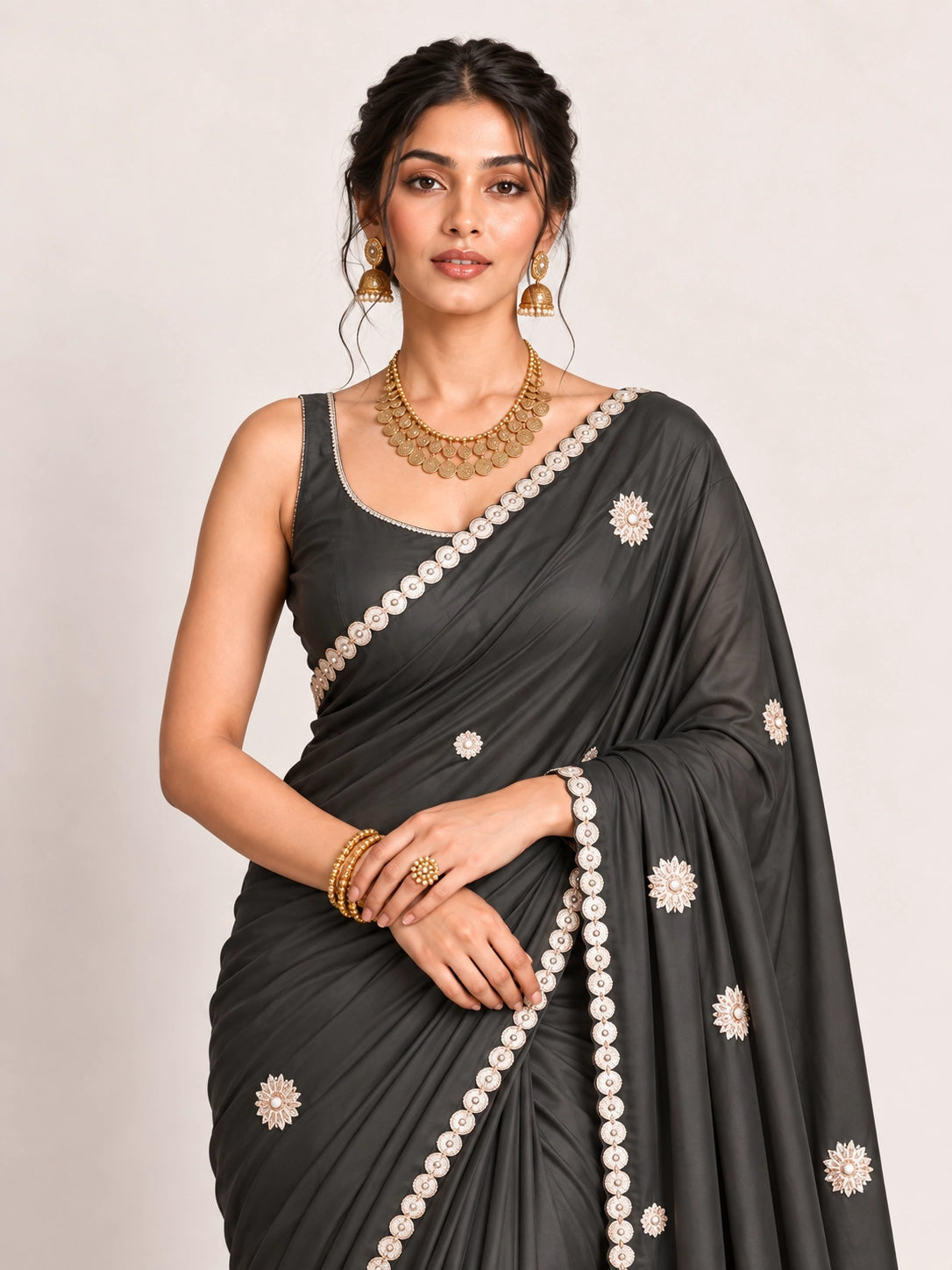 Grey Embroidered Saree with Pearl Lace Border