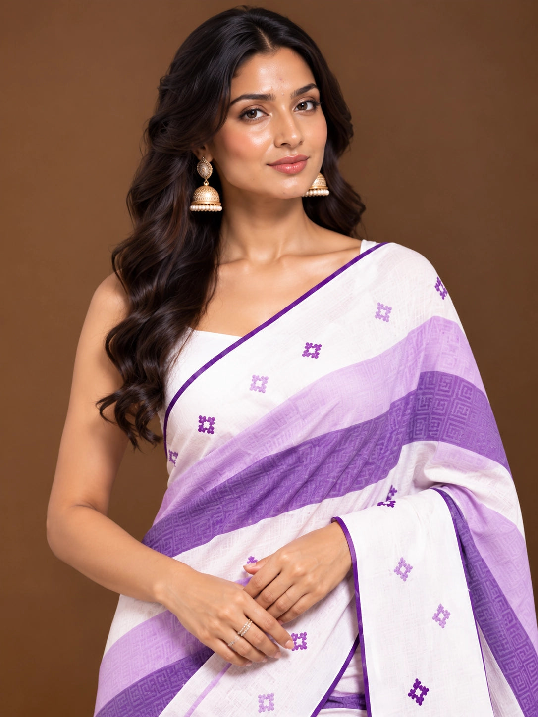 Designer Striped Cotton Saree with Floral Motifs & Contrast Border