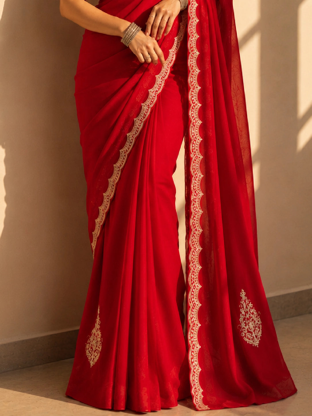 Elegant Red Embroidered Saree with Designer Lace Border | Wedding & Party Wear Saree