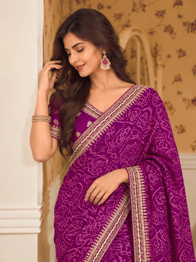 Vibrant Purple Bandhani Saree  for Women