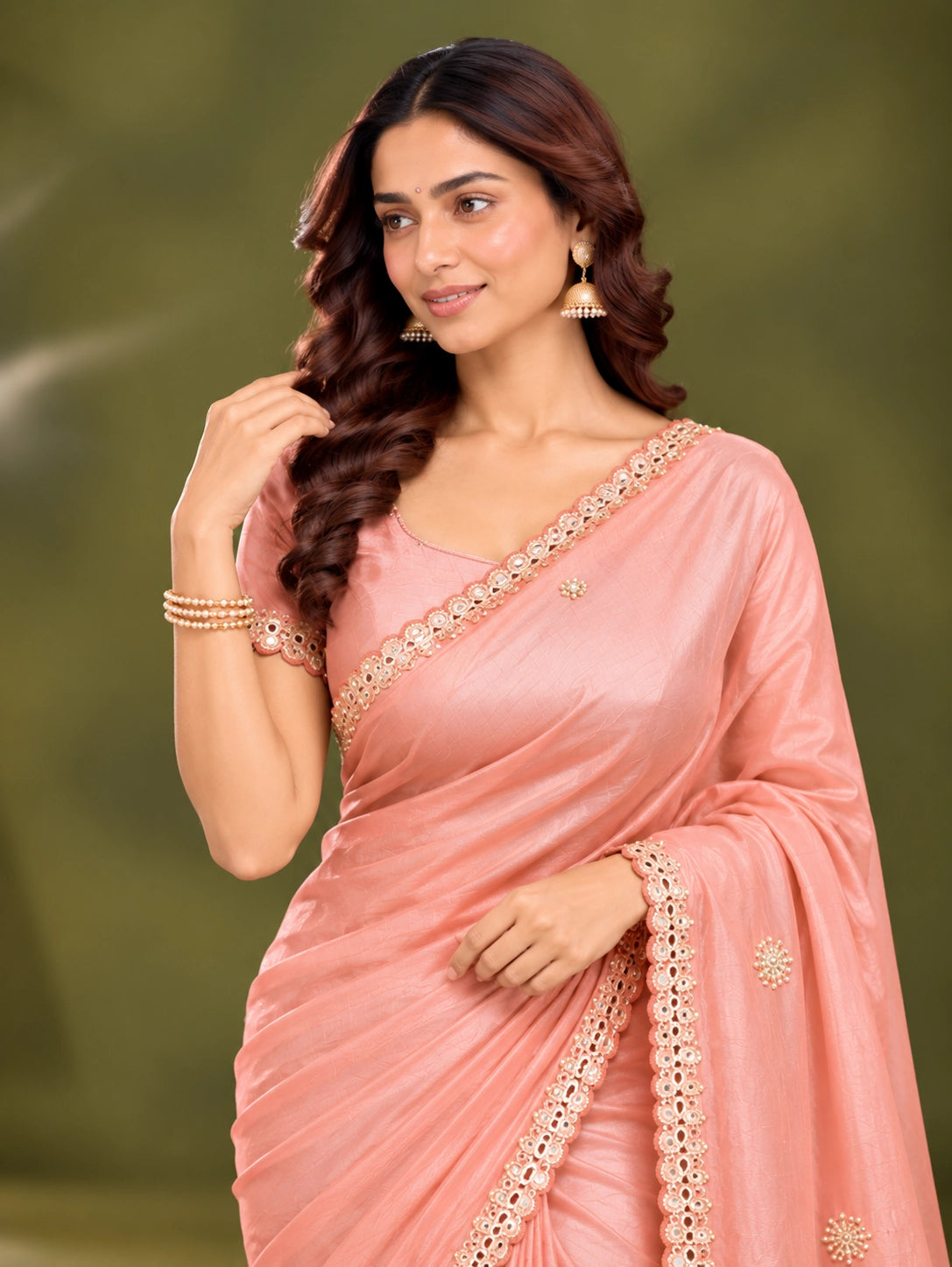 Peach Pink Embroidered Saree with Elegant Lace Border