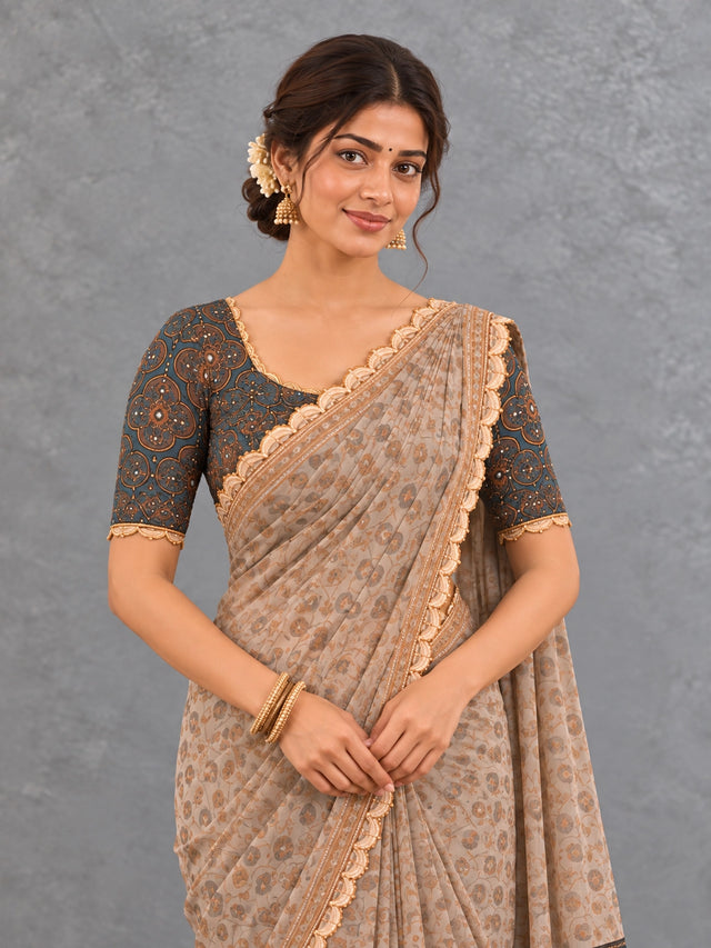 Grey Floral Printed Saree with Navy Blue Designer Border