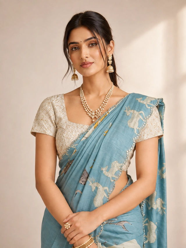 Elegant Sky Blue  Floral Saree