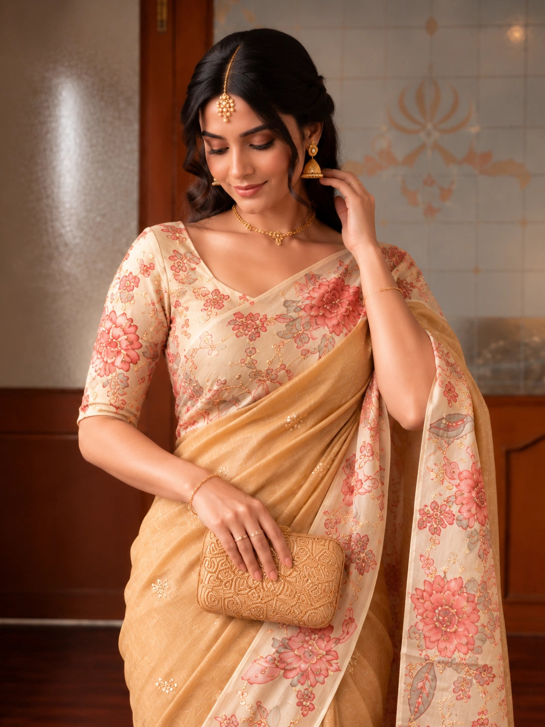 Gold Floral Printed Saree with Pink Floral Border & Pallu