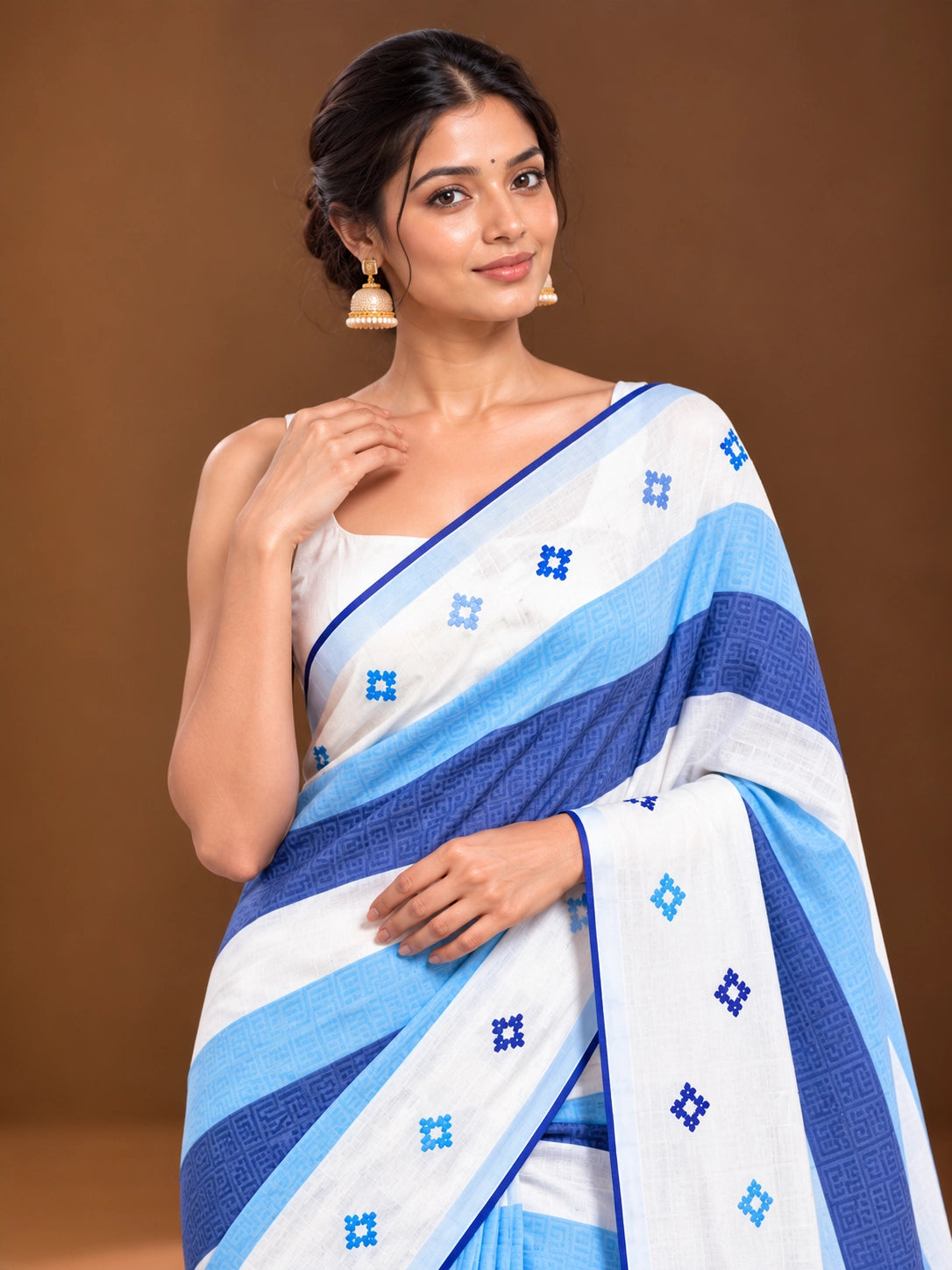 Designer Striped Cotton Saree with Floral Motifs & Contrast Border