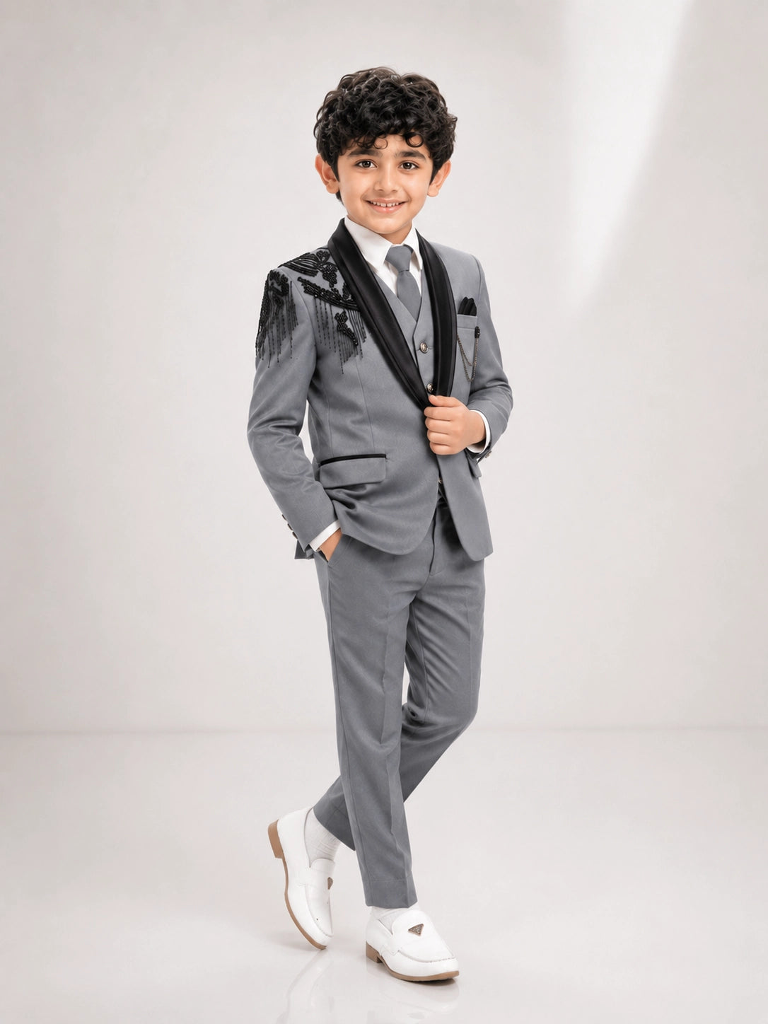 Boys Grey 3-Piece Formal Suit with Black Embellished Blazer