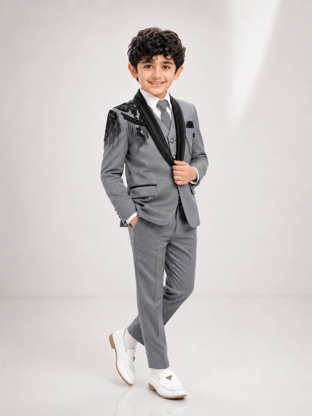 Boys Grey 3-Piece Formal Suit with Black Embellished Blazer
