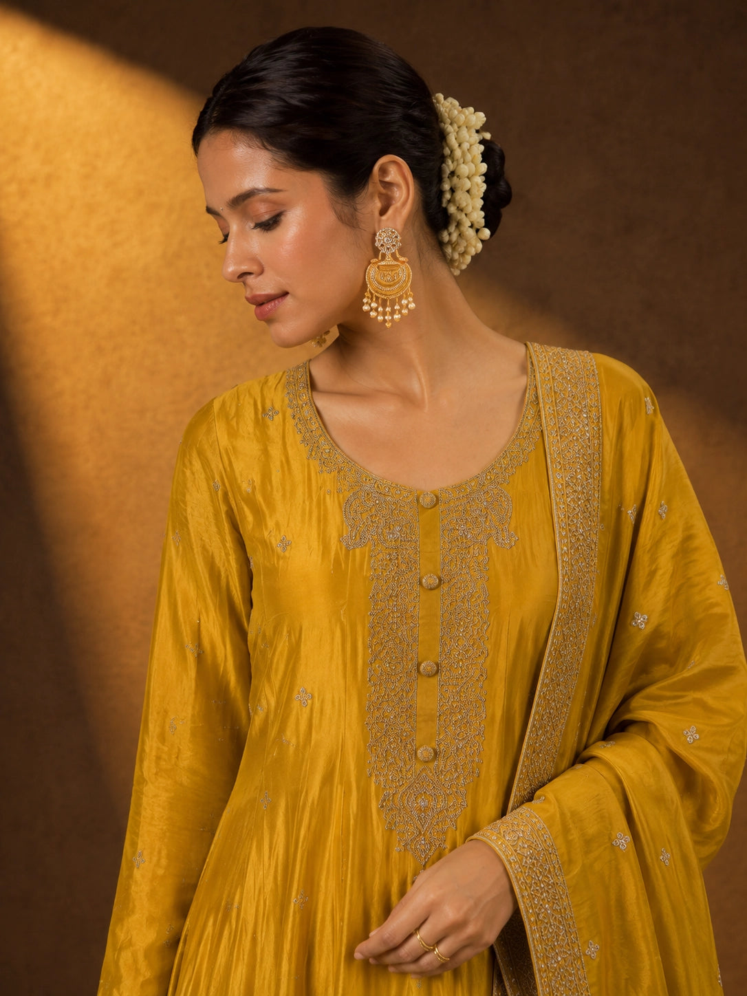 Elegant Mustard Yellow Embroidered Anarkali Suit Set