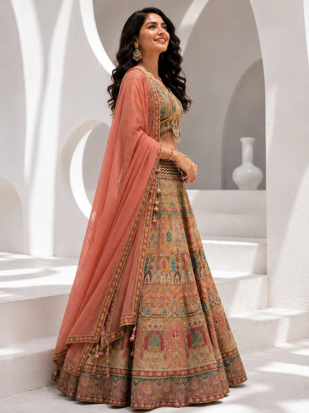 Cream Designer Bridal Lehenga with Peach Dupatta | Luxury Wedding Lehenga