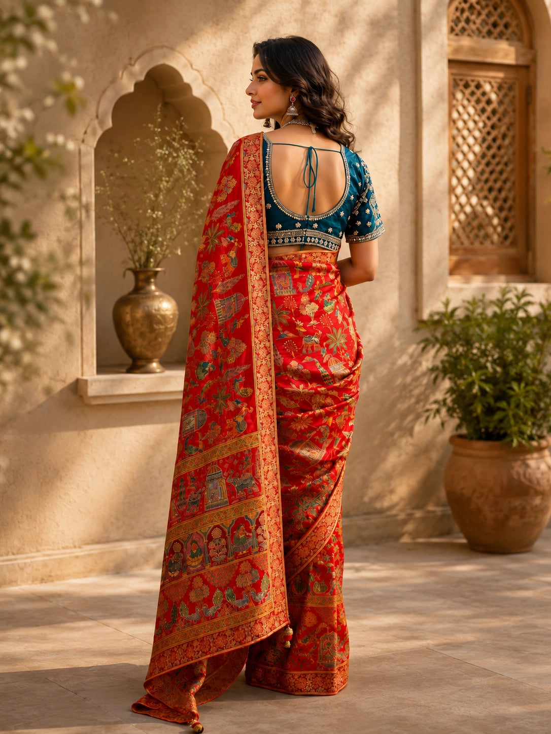 Red Floral Woven Silk Saree with Teal Embroidered Blouse