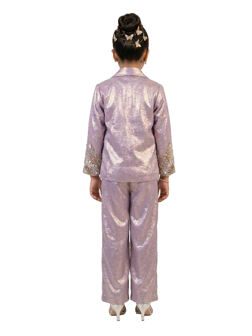 purple embellished co ord set for girls with jacket and pants metallic tissue silk party wear kids outfit