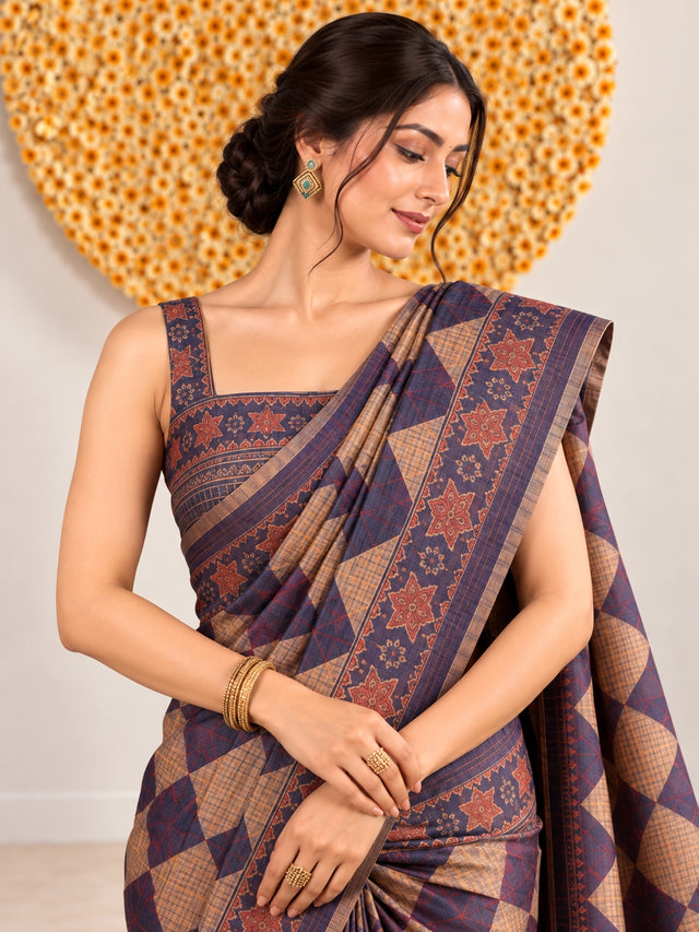 Elegant Plum Patterned Saree with Intricate Borders