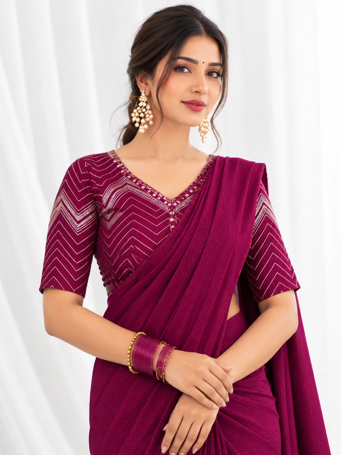 Designer Saree with Embroidered Border & Matching Blouse
