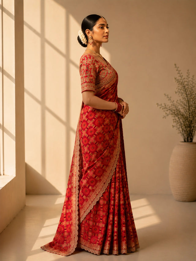 Brown Designer Printed Saree with Lace Border | Festive & Wedding Wear Saree