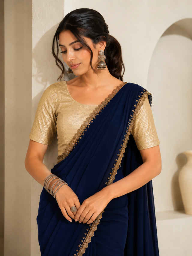 Chic Navy Blue Saree with Embellished Gold Blouse