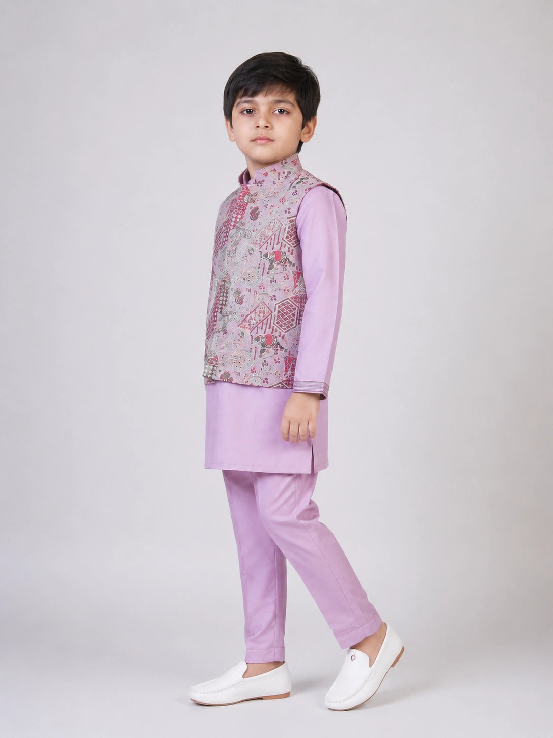 Lavender Printed Kurta Set with Nehru Jacket for Boys – Festive Ethnic Wear