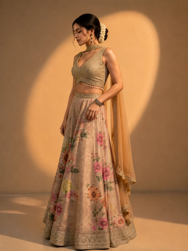 Elegant Beige Floral Designer Sharara Set with Embroidered Blouse