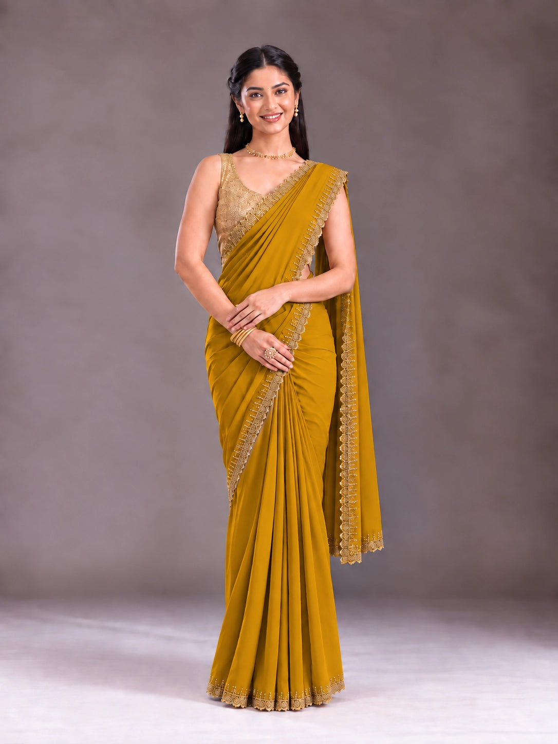 Elegant Mustard Saree with Delicate Embroidered Border