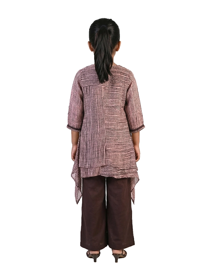 brown striped co ord set for girls with asymmetrical top and pants cotton slub casual kids outfit