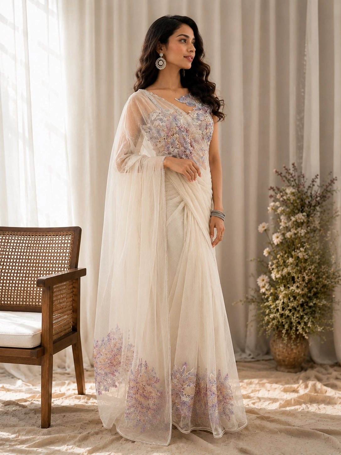 Cream Embroidered Designer Saree for Wedding & Party Wear