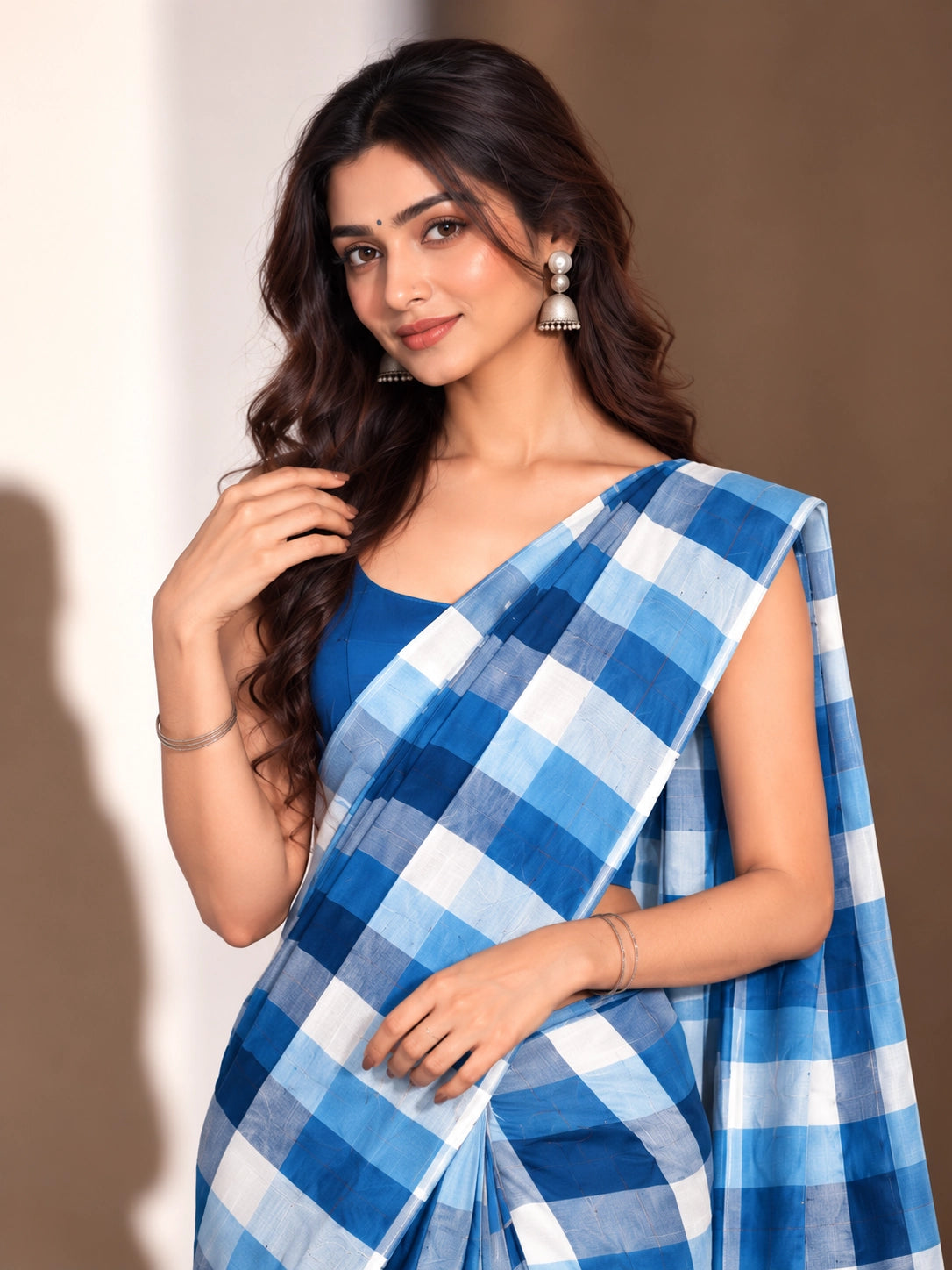 Designer Woven Saree with Checks Pattern & Elegant Tassel Border