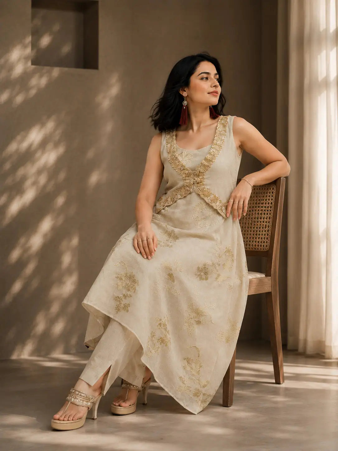 Beige Embroidered A-Line Kurta Set with Straight Pants