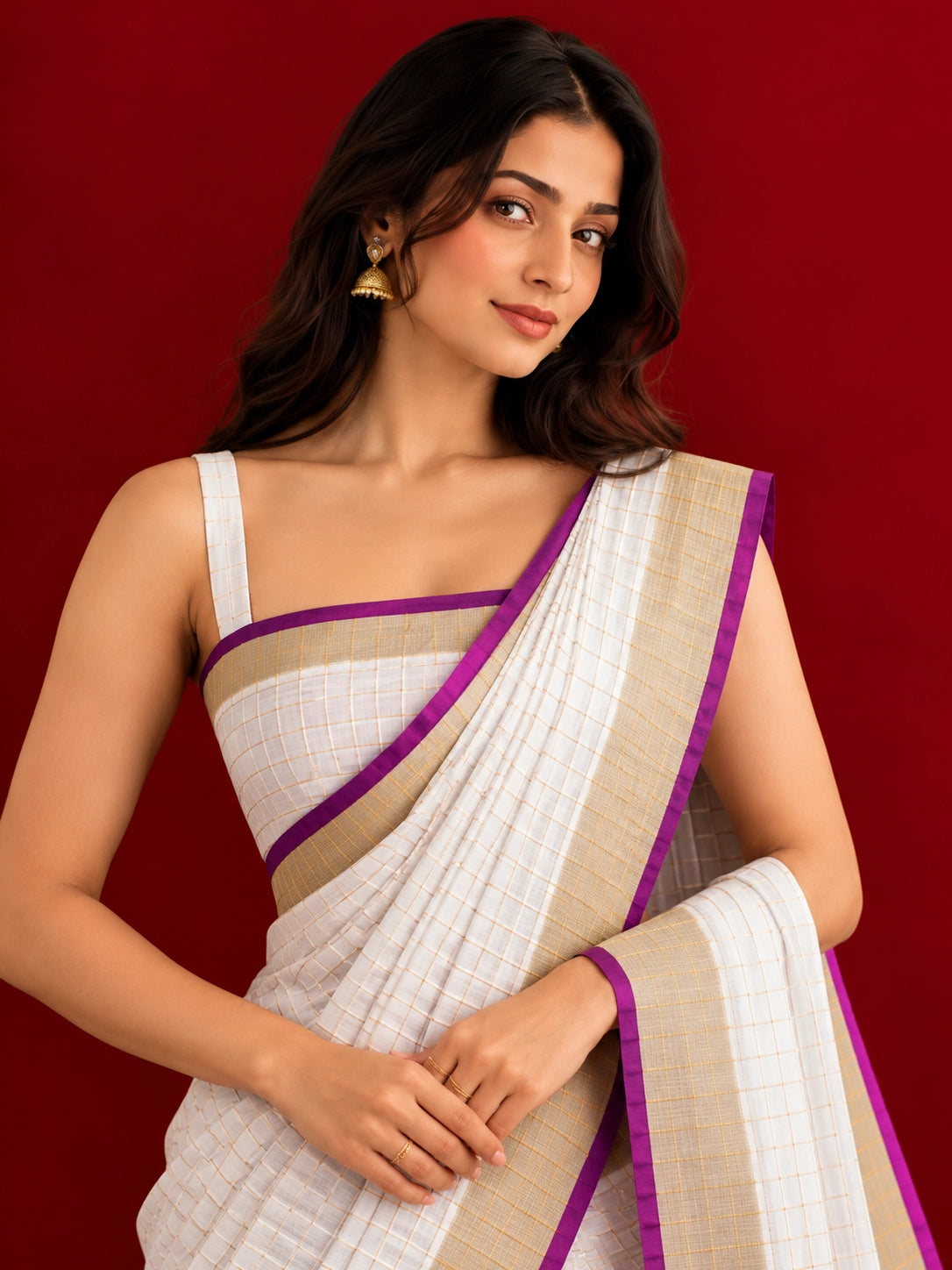 Elegant Checkered Woven Saree with Contrast Border & Tassel Detailing