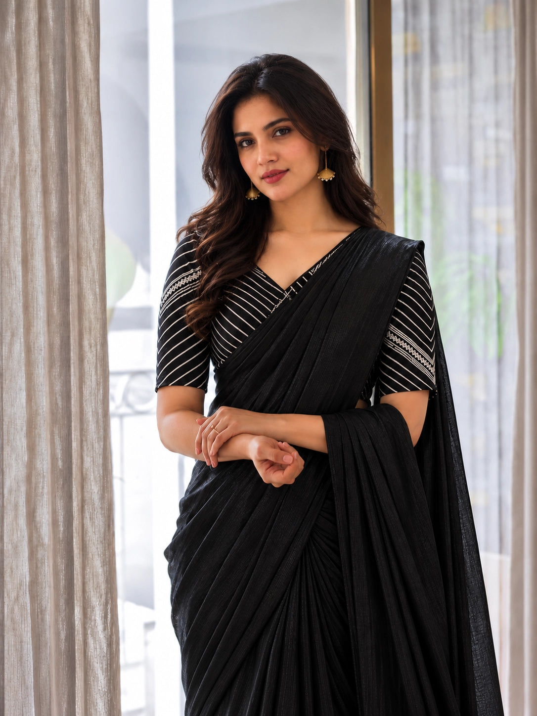 Designer Saree with Embroidered Border & Matching Blouse