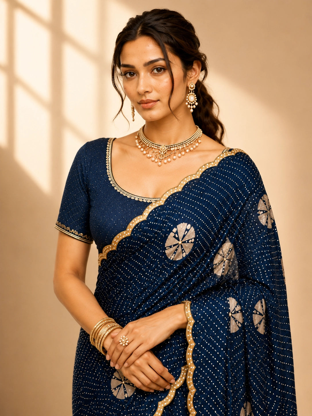 Elegant Blue  Bandhani Saree with Scalloped Border