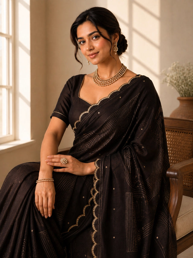 Elegant Brown Saree  with Scalloped Border and Geometric Print