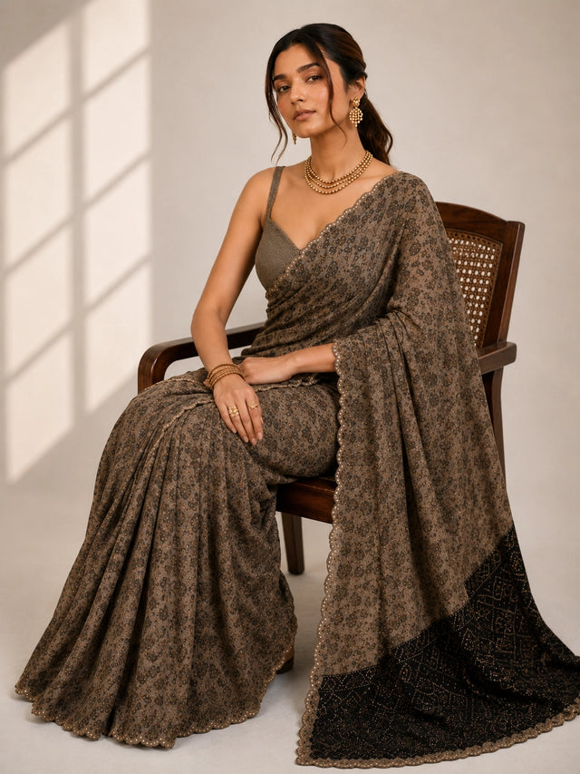 Elegant Cream  Printed Saree with Gold Blouse and Embellished Pallu