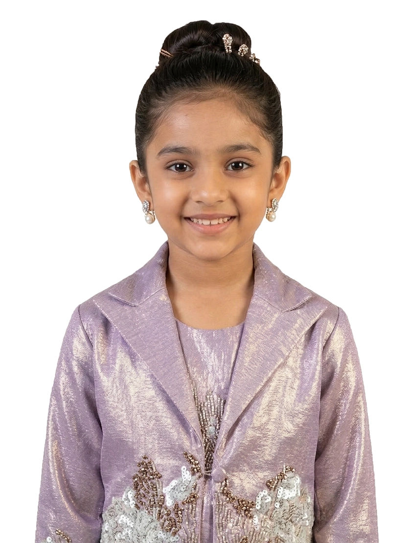 purple embellished co ord set for girls with jacket and pants metallic tissue silk party wear kids outfit