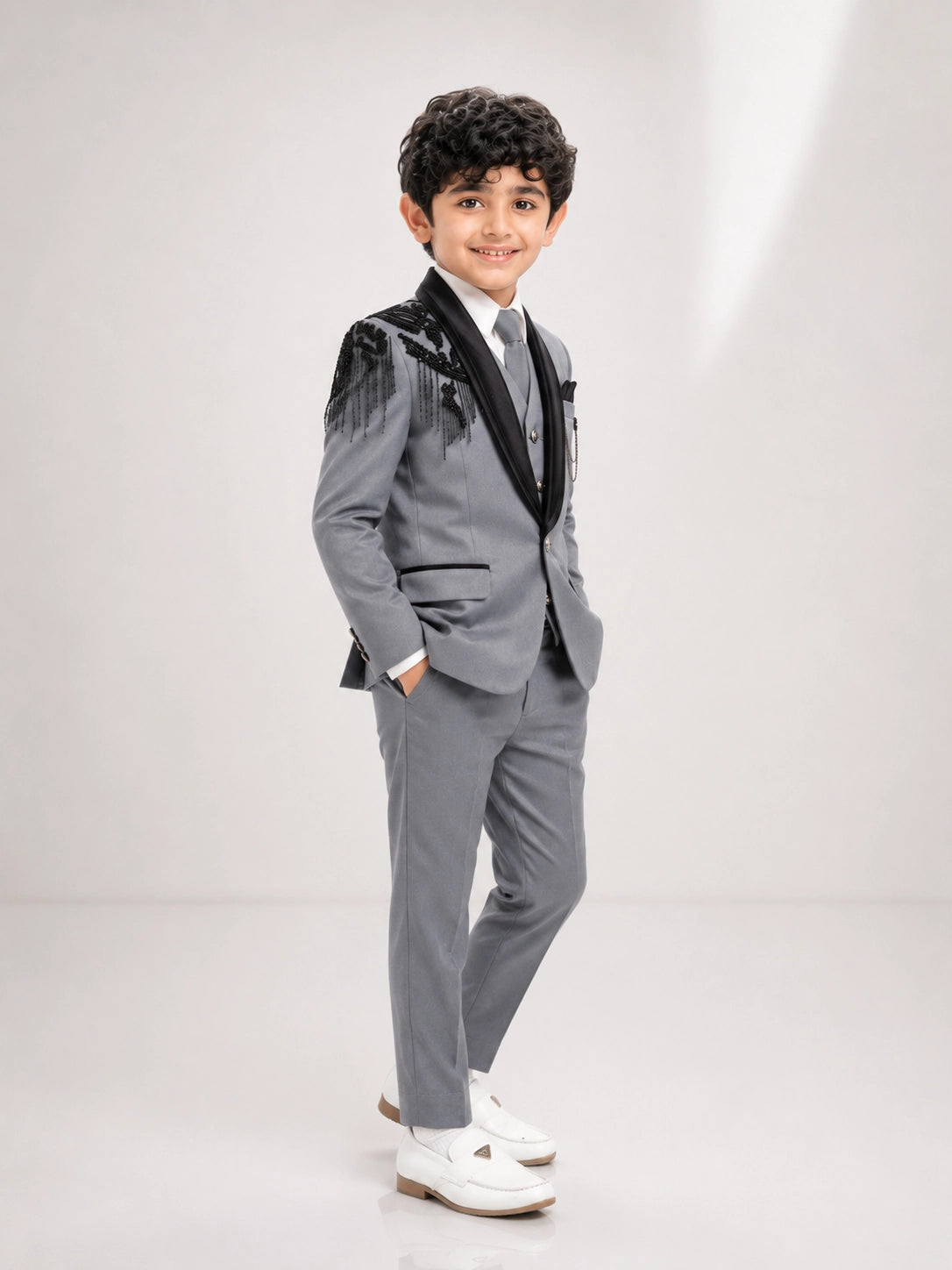 Boys Grey 3-Piece Formal Suit with Black Embellished Blazer