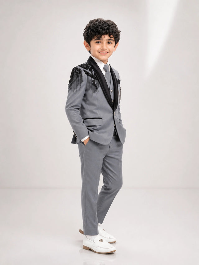 Boys Grey 3-Piece Formal Suit with Black Embellished Blazer