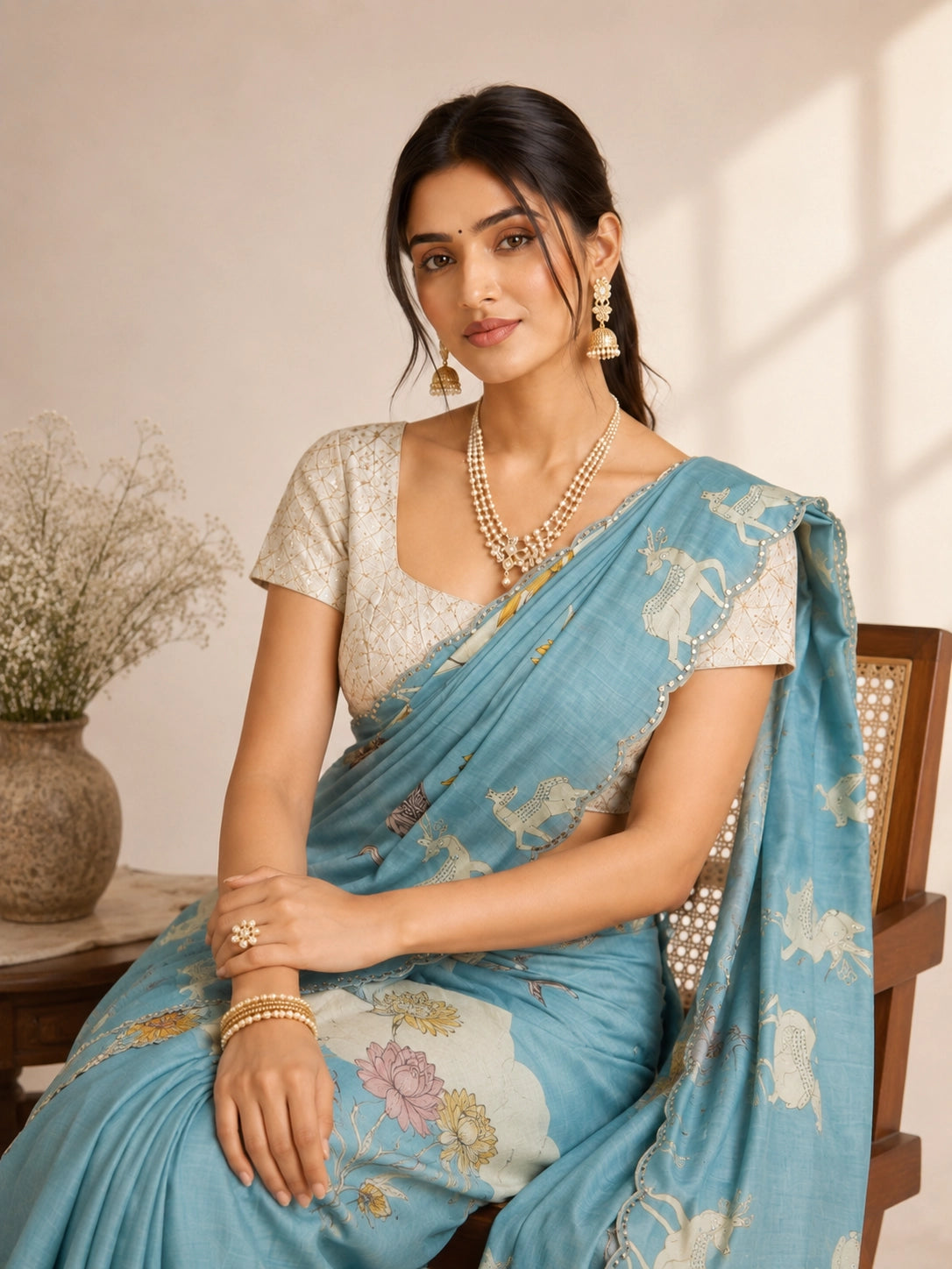 Elegant Sky Blue  Floral Saree