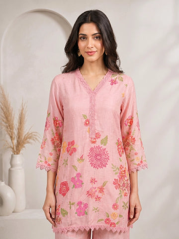 Pink Floral Printed Designer Kurti Set with Kurti Pants