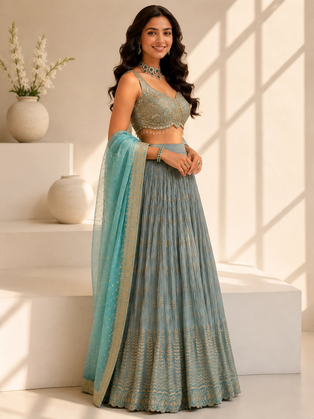 Grey Embroidered Lehenga Set with Sequins Blouse & Dupatta for Women