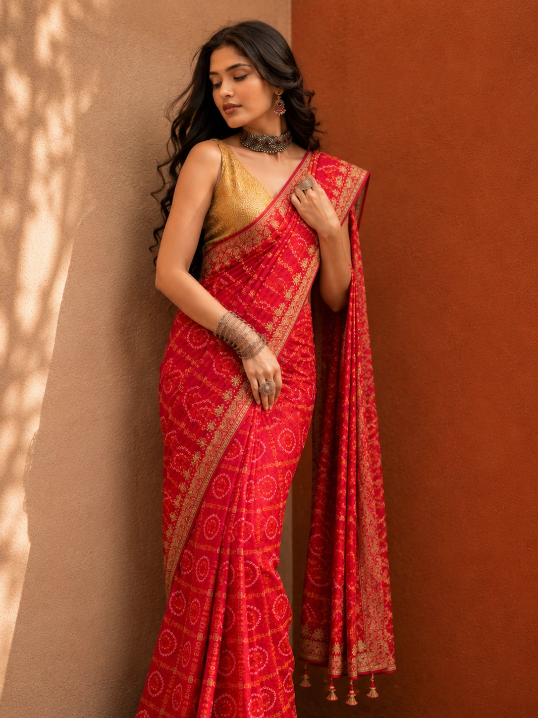 Traditional Red Bandhej Saree with Golden Print Work