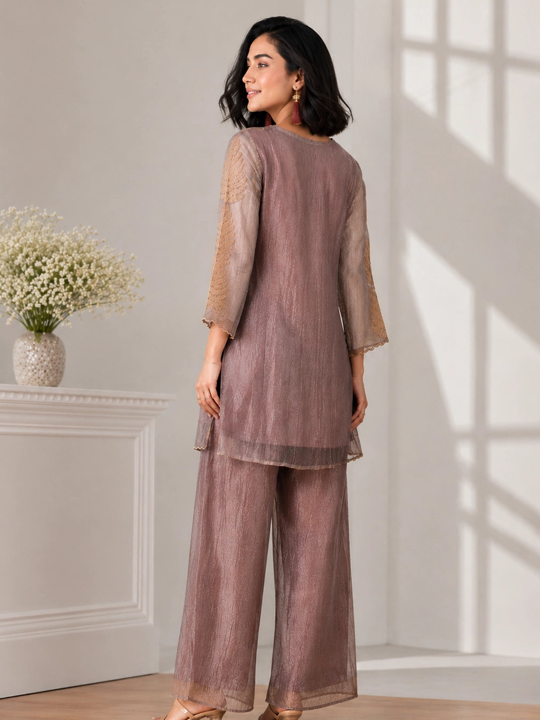 Elegant Brown Embroidered Sharara with Leaf Motifs