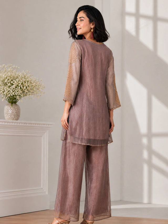 Elegant Brown Embroidered Sharara with Leaf Motifs
