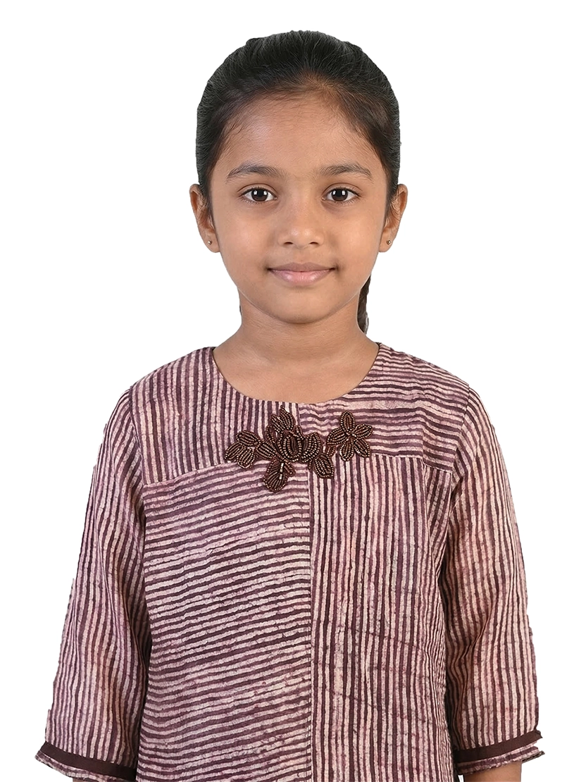 brown striped co ord set for girls with asymmetrical top and pants cotton slub casual kids outfit