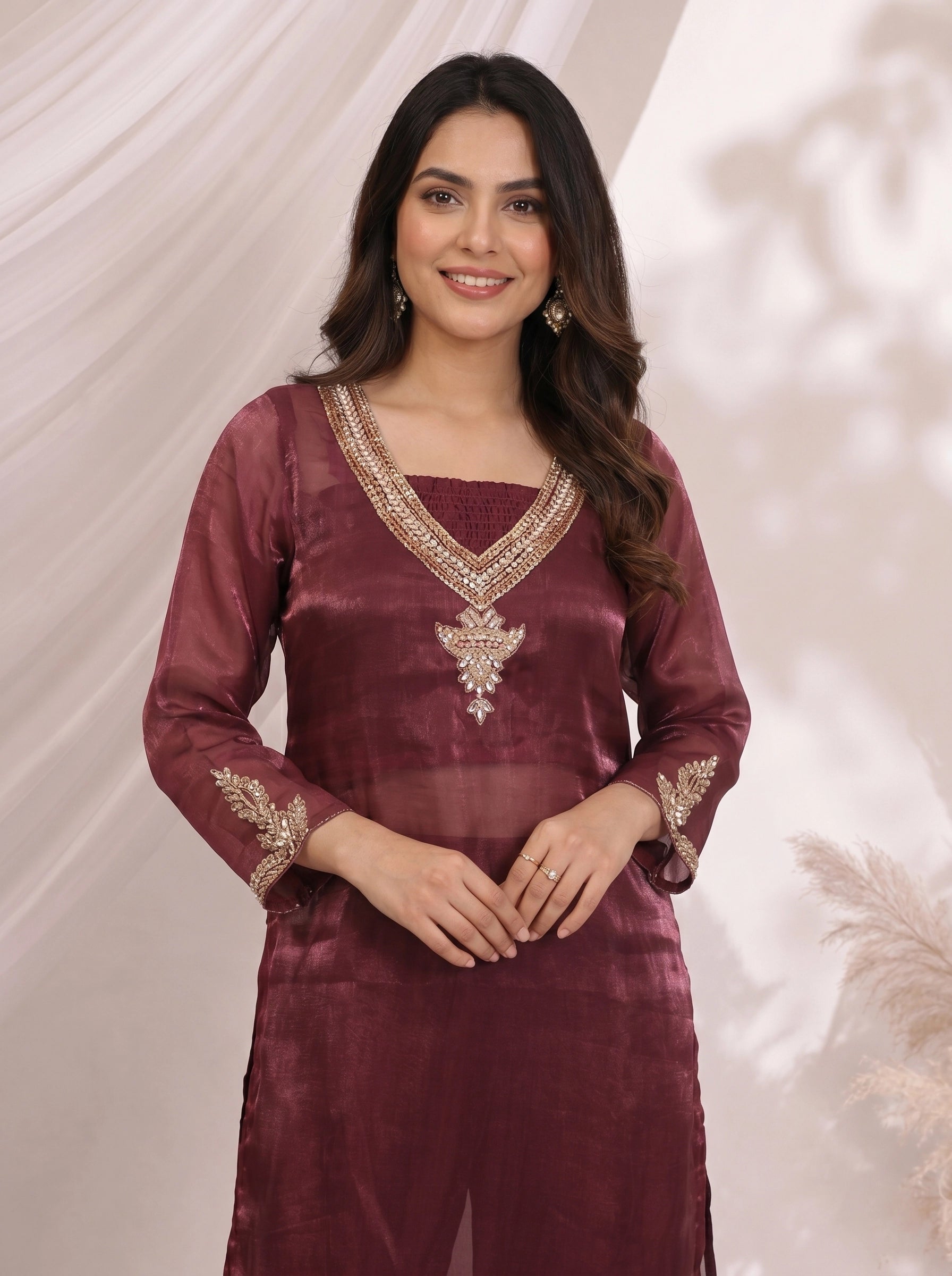 Elegant Maroon Embroidered Kurta and Sharara Set
