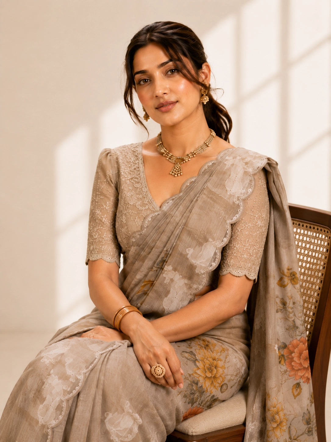 Elegant  Peach Floral Saree with Shimmering Golden Blouse