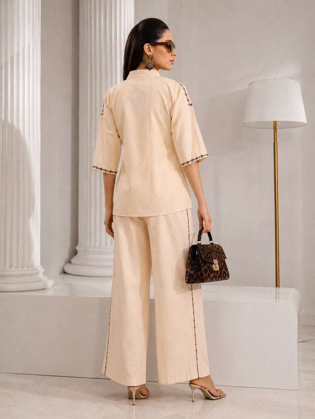 Elegant Cream Embroidered Shirt and Wide-Leg Pants Set