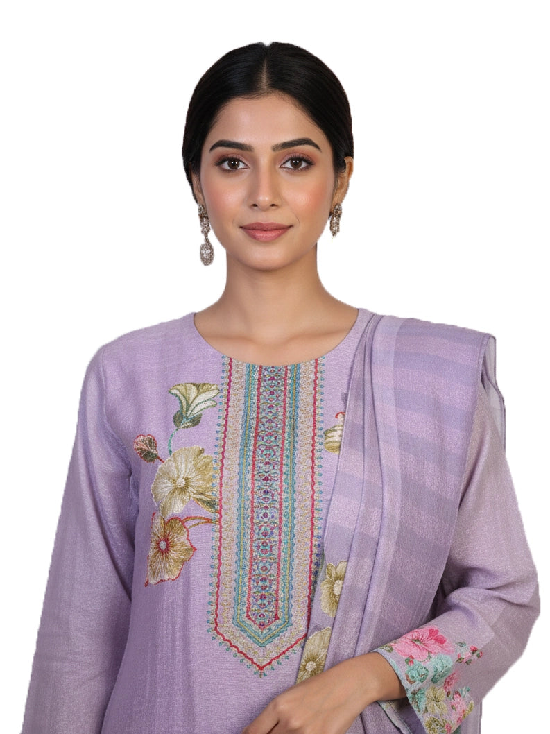 Lavender Purple Floral Printed Kurti Set with Dupatta for Women – Elegant Ethnic Wear