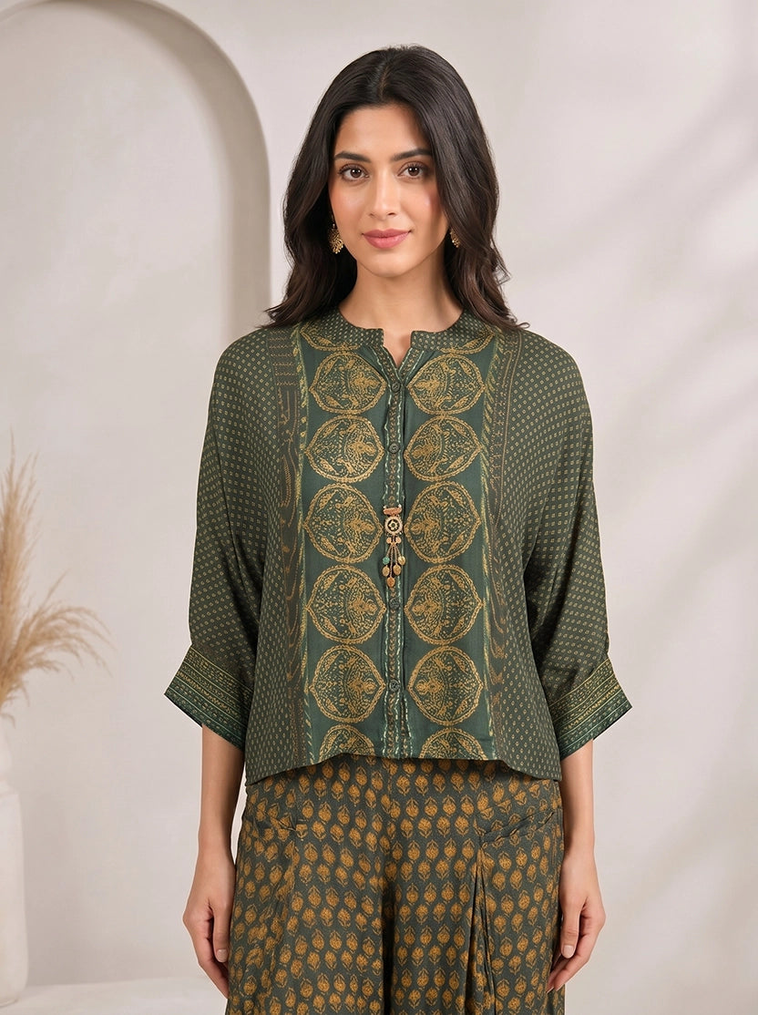 Green Printed Co Ord Set for Women with Embroidered Top