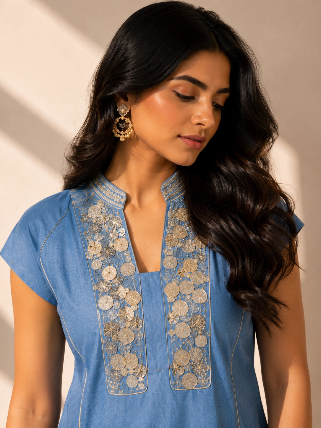 Sky Blue Embroidered Cotton Kurta Set for Women | Straight Kurta with Pants