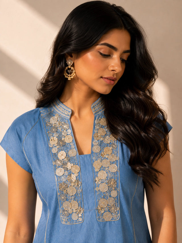 Sky Blue Embroidered Cotton Kurta Set for Women | Straight Kurta with Pants