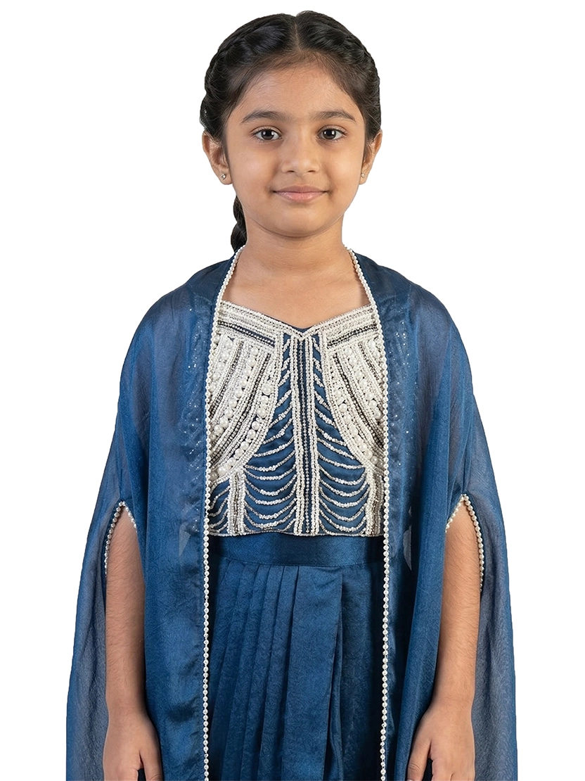 blue embellished ethnic co ord set for girls with cape style top and dhoti pants satin silk kids outfit
